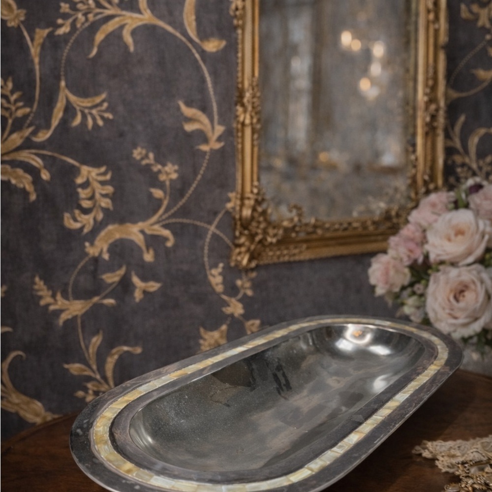 Heavy Oval Metal Tray w/ Mother of Pearl Inlay Estate Find